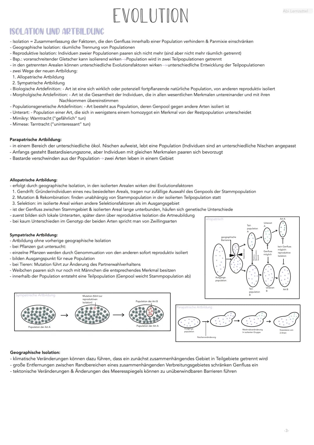 ISOLATION UND ARTBILDUNG
- Isolation = Zusammenfassung der Faktoren, die den Genfluss innerhalb einer Population verhindern & Panmixie einsc