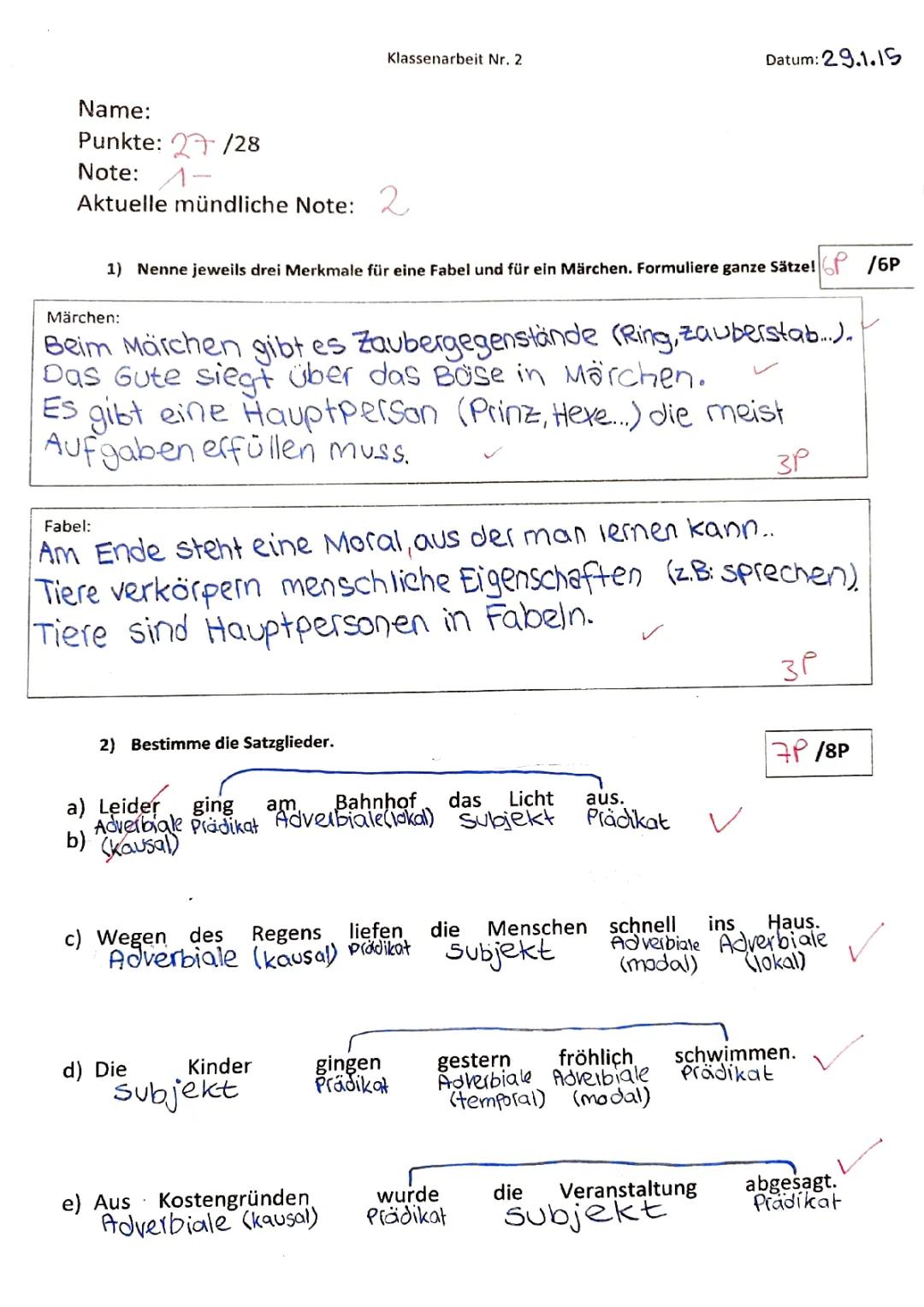 Merkmale Märchen und Fabeln, Satzglieder, Verbformen, Aktiv und Passiv