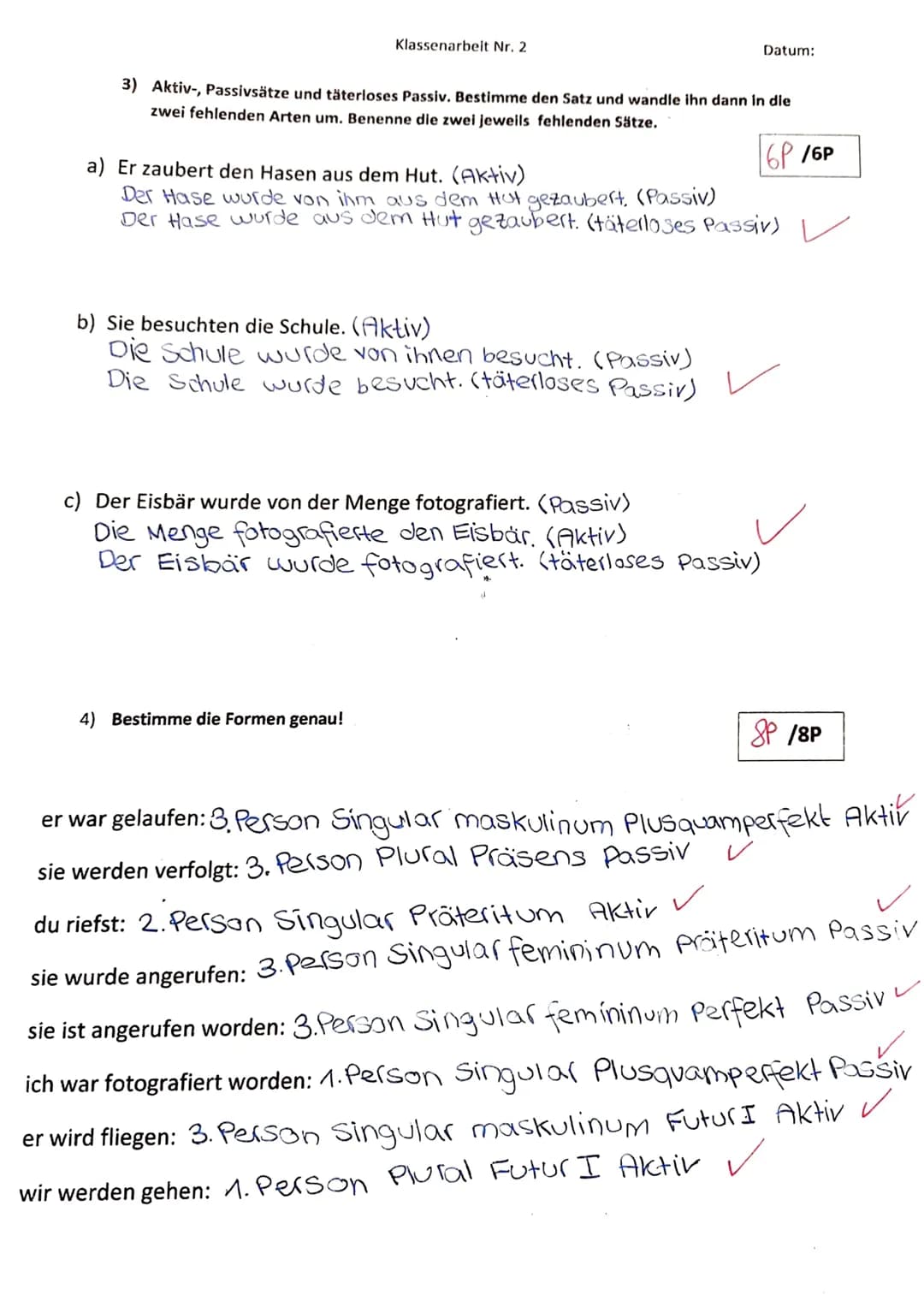 Name:
Punkte: 2/28
Note: A
Aktuelle mündliche Note: 2
1) Nenne jeweils drei Merkmale für eine Fabel und für ein Märchen. Formuliere ganze Sä