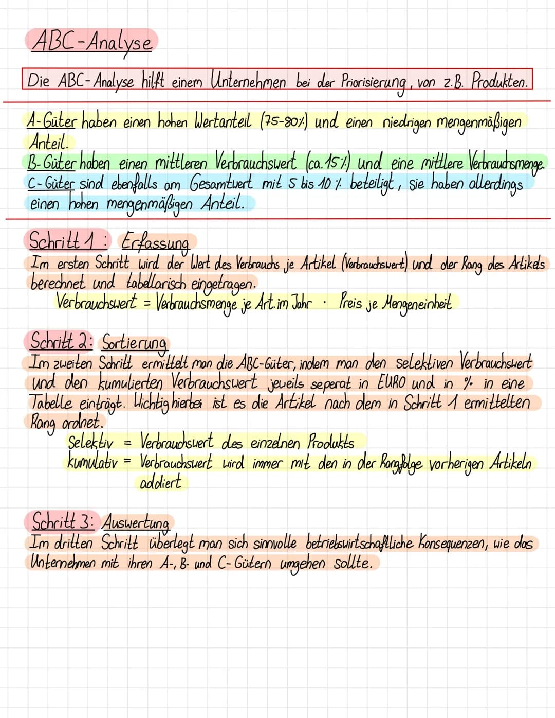 ABC-Analyse
Die ABC-Analyse hilft einem Unternehmen bei der Priorisierung von z.B. Produkten.
A-Güter haben einen hohen Wertanteil (75-80%) 