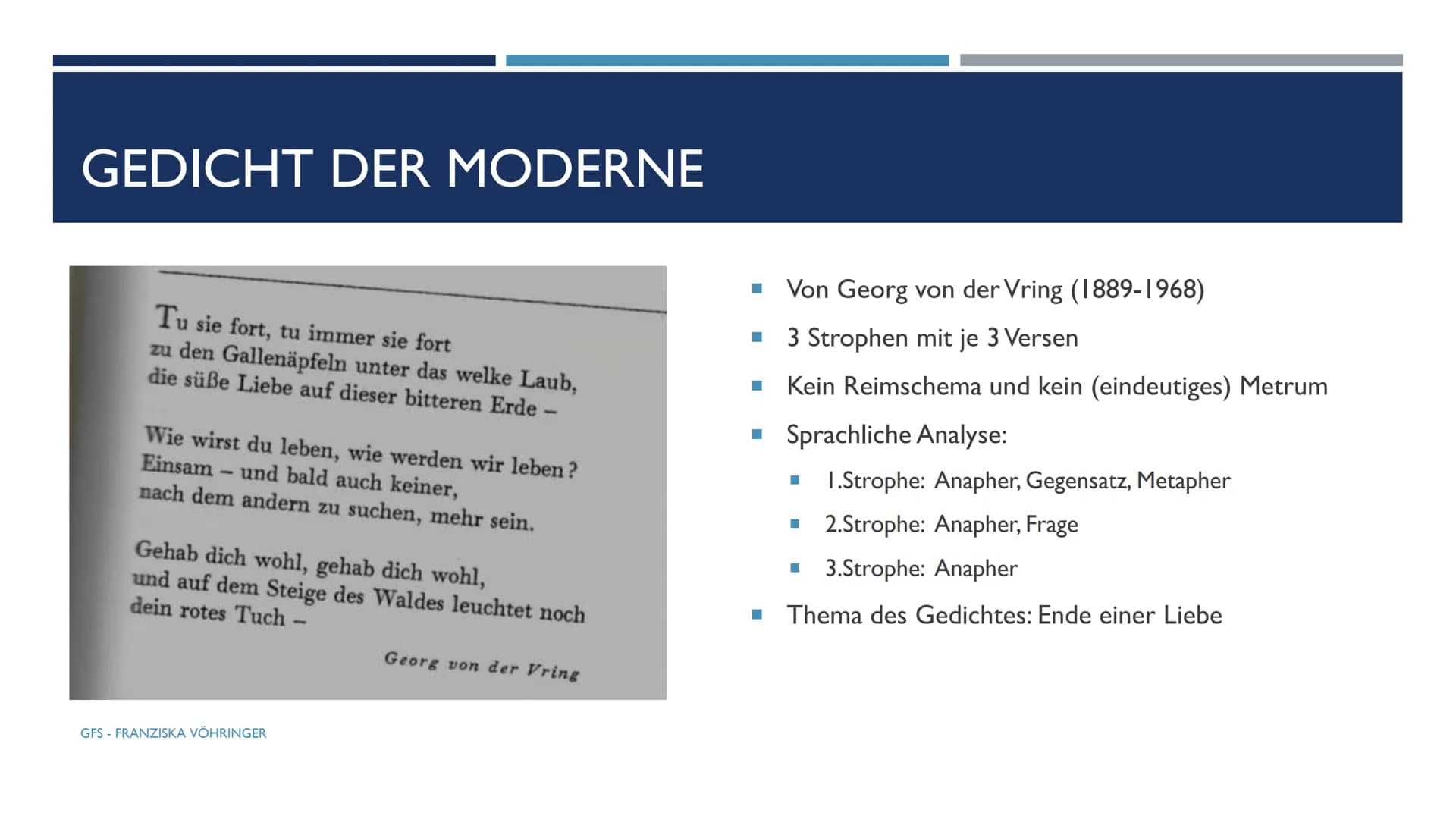 REISELYRIK - EPOCHENVERGLEICH
WIE UNTERSCHEIDET SICH DIE EPOCHE DER ROMANTIK VON DER MODERNE ?
GFS - FRANZISKA VÖHRINGER GLIEDERUNG
■ Gedich