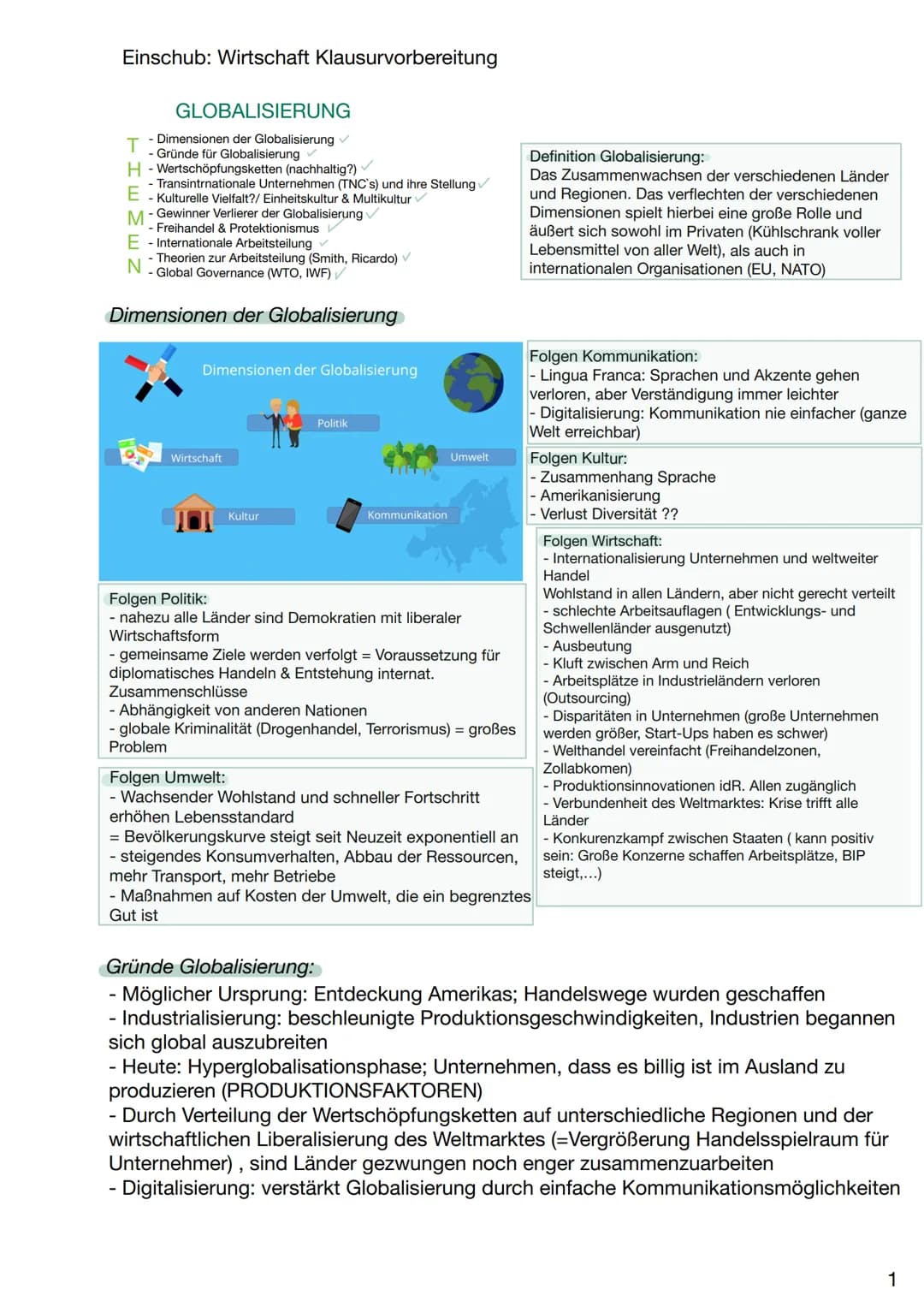 Einschub: Wirtschaft Klausurvorbereitung
GLOBALISIERUNG
T
- Dimensionen der Globalisierung ✓
- Gründe für Globalisierung ✓
H-Wertschöpfungsk