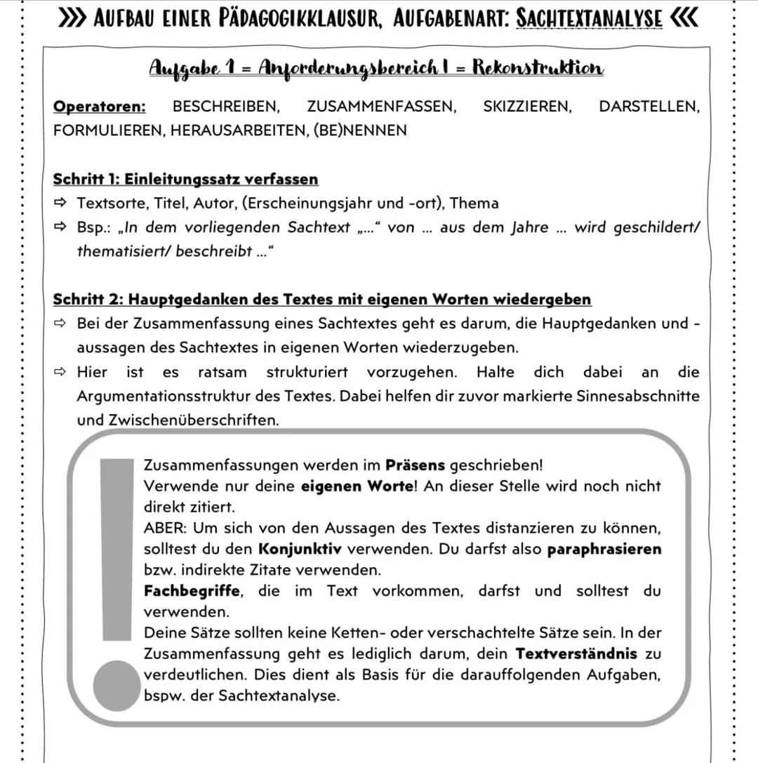 AUFBAU EINER PÄDAGOGIKKLAUSUR, AUFGABENART: SACHTEXTANALYSE <<<
Aufgabe 1 = Anforderungsbereich | = Rekonstruktion
Operatoren: BESCHREIBEN, 