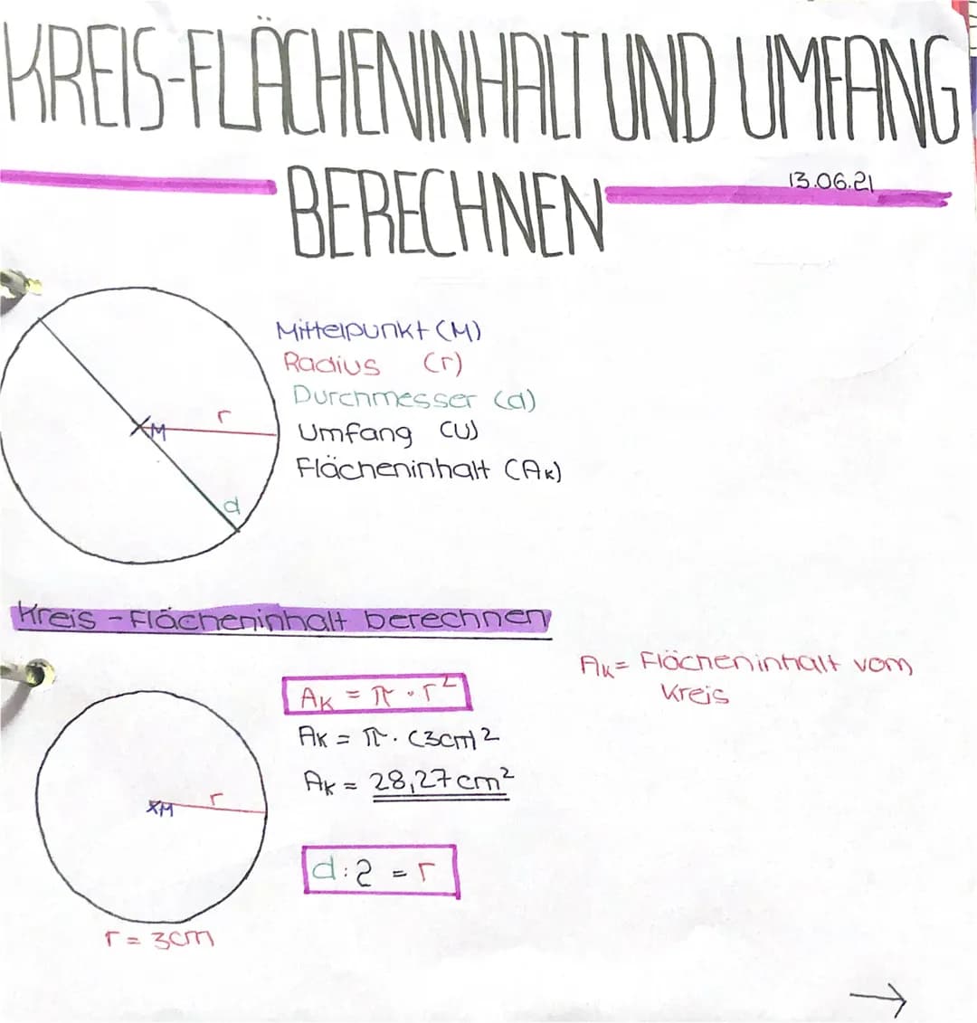 KREIS-FLACHENINHALT UND UMFANG
BERECHNEN
13.06.21
Mittelpunkt (M)
(r)
Radius
Kreis-Flacheninhalt berechnen
XM
Durchmesser (d)
Umfang (U)
Flä