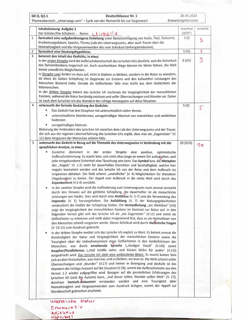 rhet. [
5
10
GK Deutsch Q 1.1 (
Deutschklausur Nr. 1
)
Themenbereich: ,,Unterwegs sein" - Lyrik von der Romantik bis zur Gegenwart
Aufgabena