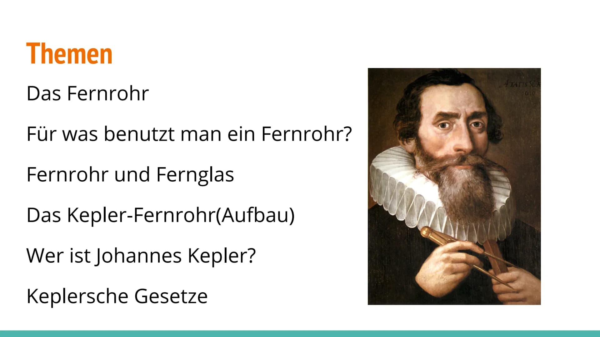 Kepler Fernrohr Themen
Das Fernrohr
Für was benutzt man ein Fernrohr?
Fernrohr und Fernglas
Das Kepler-Fernrohr(Aufbau)
Wer ist Johannes Kep