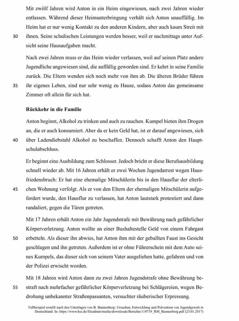 --- OCR Start ---
5
Aufgaben
1. Fasse das Fallbeispiel strukturiert und in eigenen Worten zusammen.
2. Analysiere das vorliegende Fallbeispi