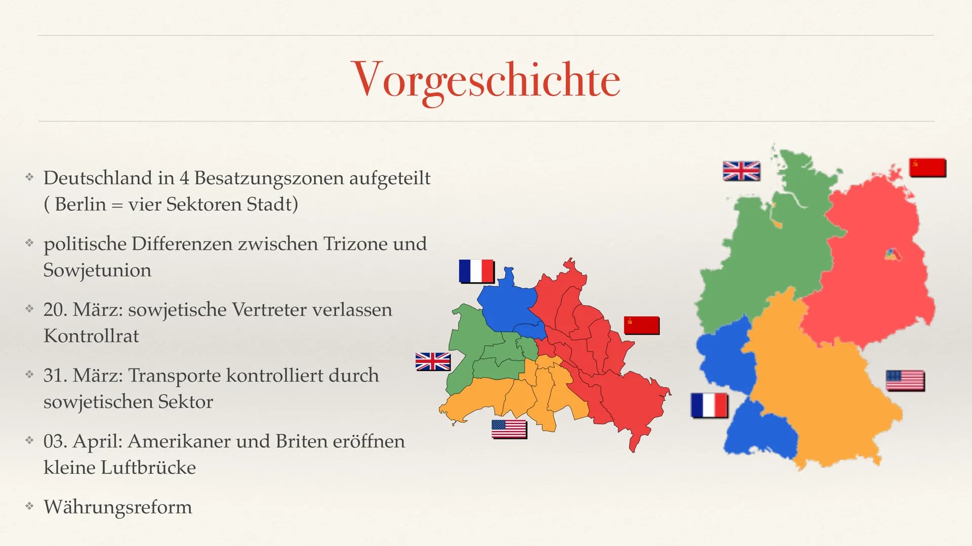 Emma Wagenknecht
Die Berlin- Blockade
Geschichte Leistungskurs Q4 *Vorgeschichte
*Verlauf
1.1. Beginn der Blockade
*1.2. Während der Blockad