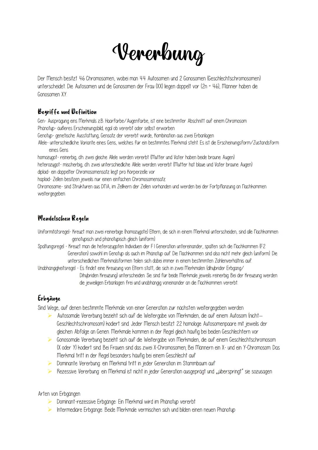 # Vererbung

Der Mensch besitzt 46 Chromosomen, wobei man 44 Autosomen und 2 Gonosomen (Geschlechtschromosomen)
unterscheidet Die Autosomen 