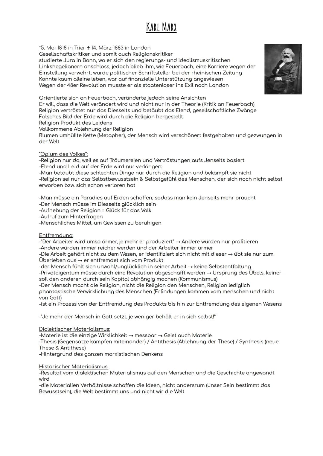 KARL MARX
*5. Mai 1818 in Trier + 14. März 1883 in London
Gesellschaftskritiker und somit auch Religionskritiker
studierte Jura in Bonn, wo 