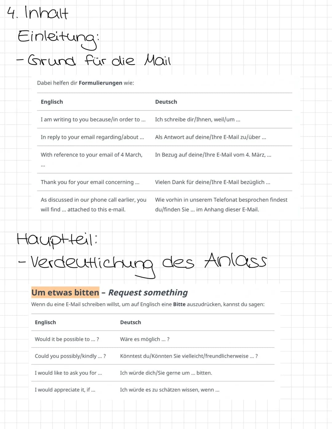 Email schreiben
Aufbau:
1. Kopfzeile (header)
2. Betreff (subject)
3. Anrede (greeting)
4. Inhalt (content)
↳> Einleitung (opening), Hauptte