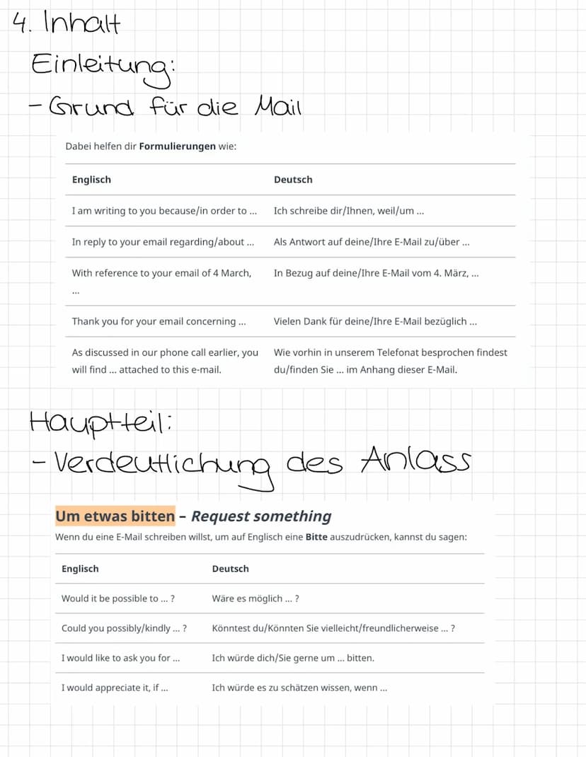 Email schreiben
Aufbau:
1. Kopfzeile (header)
2. Betreff (subject)
3. Anrede (greeting)
4. Inhalt (content)
↳> Einleitung (opening), Hauptte