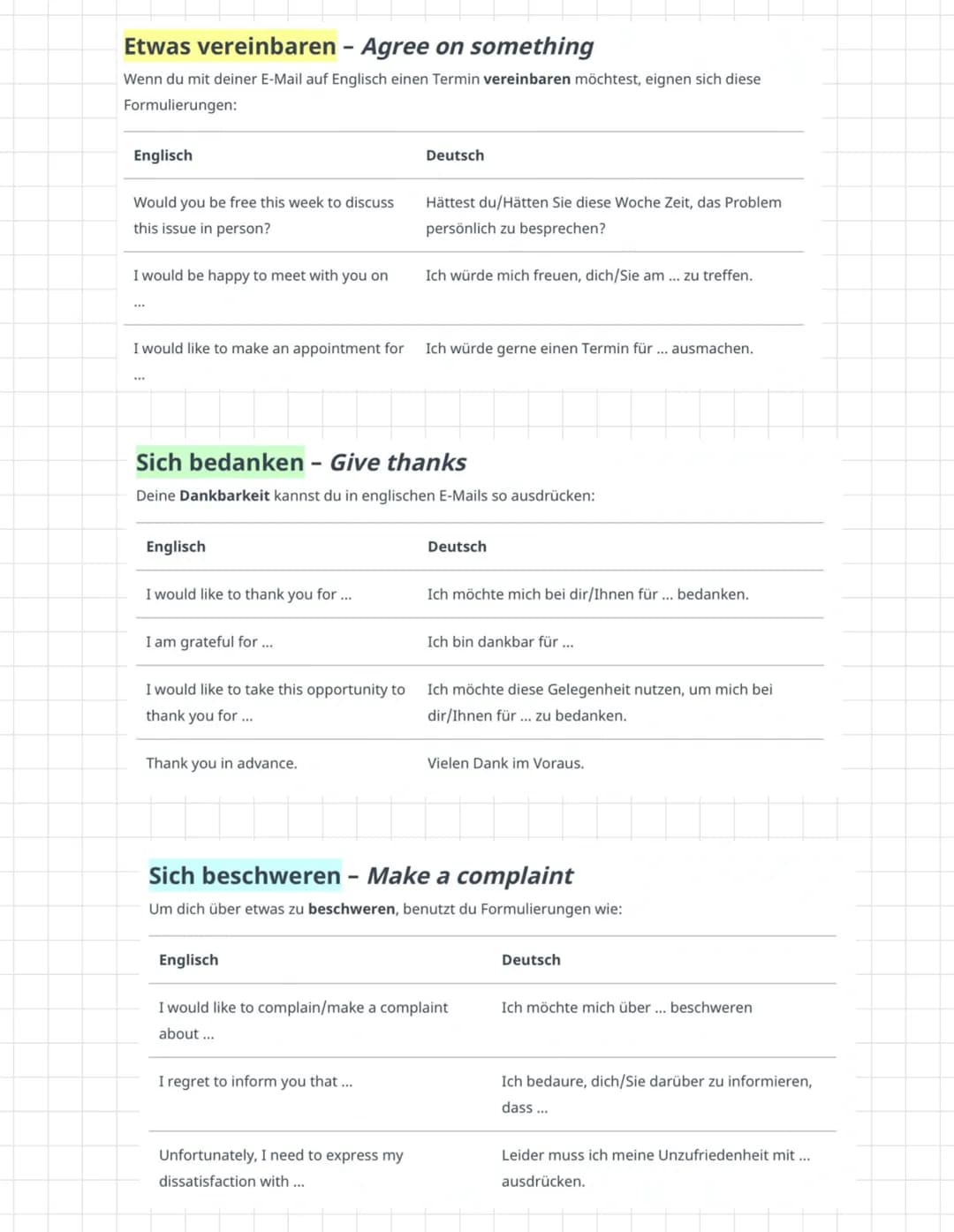 Email schreiben
Aufbau:
1. Kopfzeile (header)
2. Betreff (subject)
3. Anrede (greeting)
4. Inhalt (content)
↳> Einleitung (opening), Hauptte