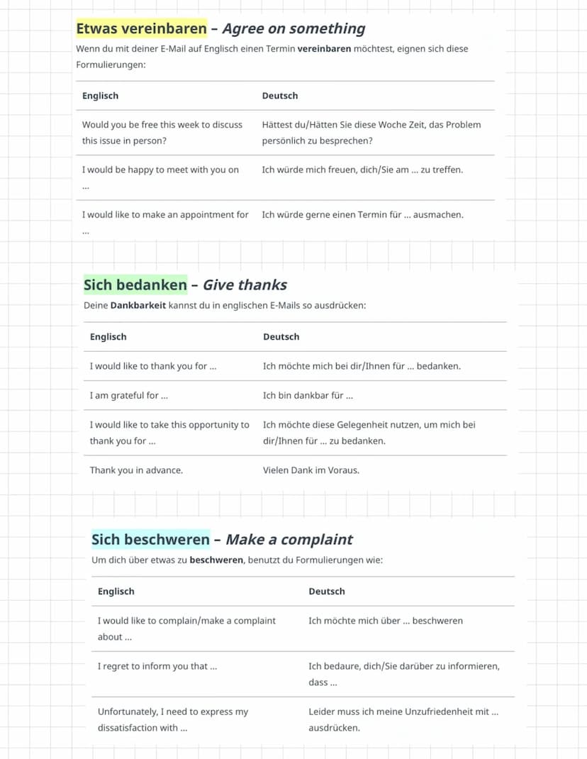 Email schreiben
Aufbau:
1. Kopfzeile (header)
2. Betreff (subject)
3. Anrede (greeting)
4. Inhalt (content)
↳> Einleitung (opening), Hauptte