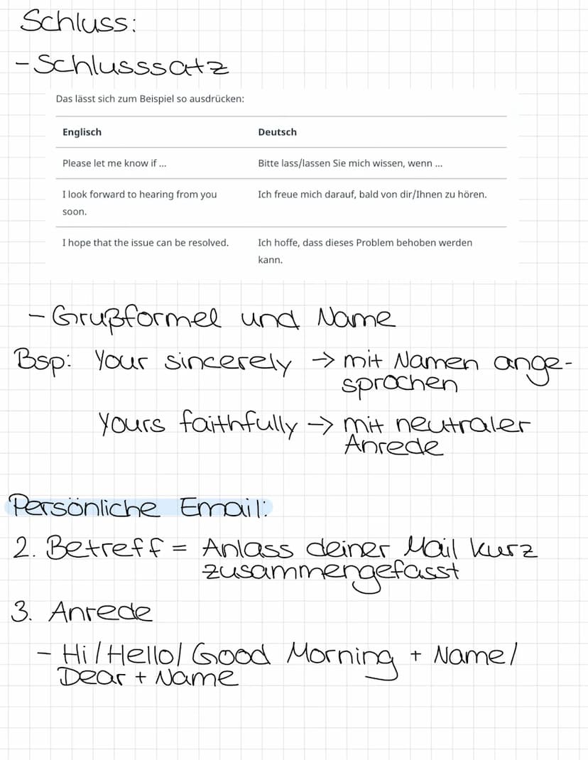 Email schreiben
Aufbau:
1. Kopfzeile (header)
2. Betreff (subject)
3. Anrede (greeting)
4. Inhalt (content)
↳> Einleitung (opening), Hauptte