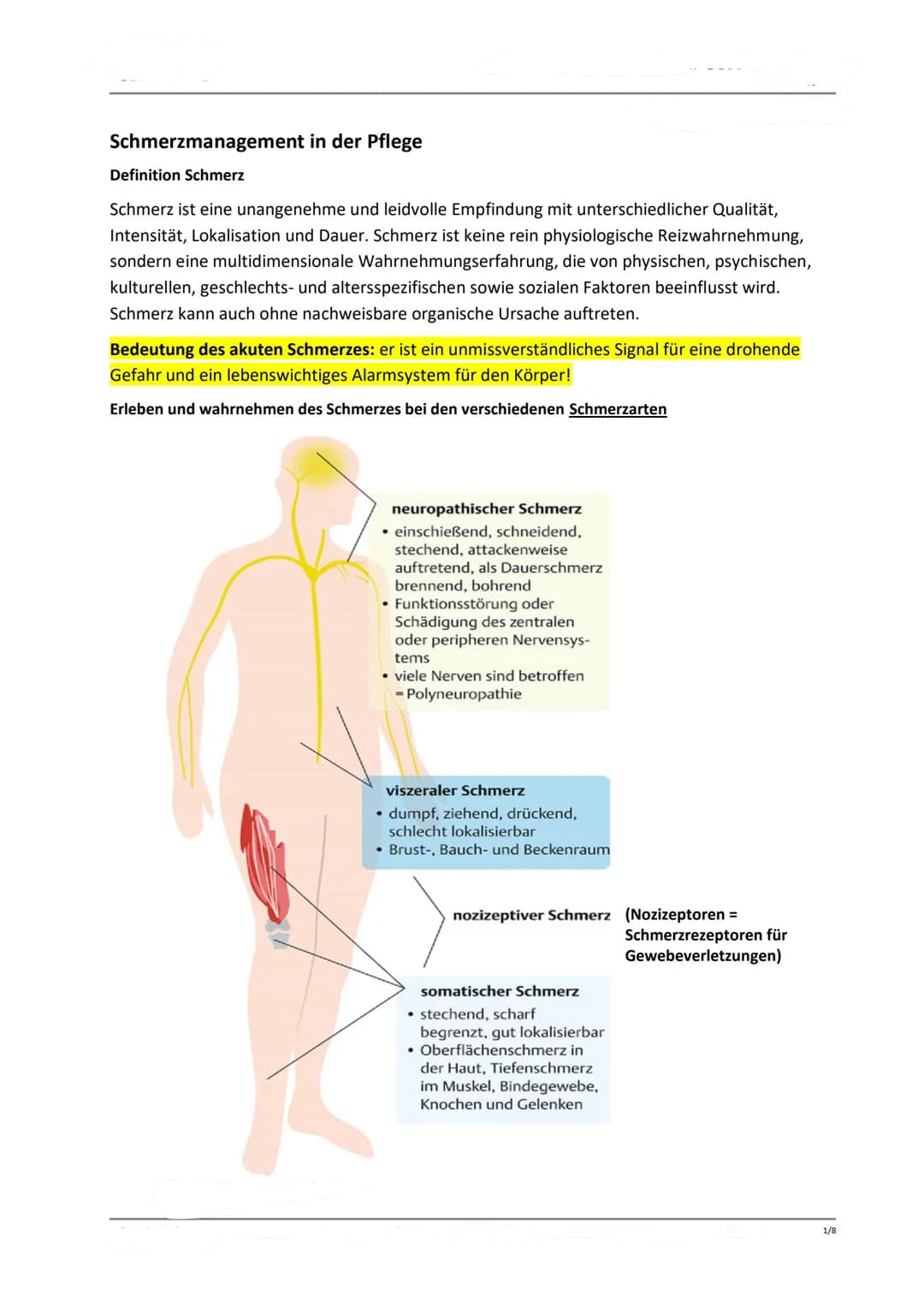 Schmerzmanagement in der Pflege
Definition Schmerz
Schmerz ist eine unangenehme und leidvolle Empfindung mit unterschiedlicher Qualität,
Int