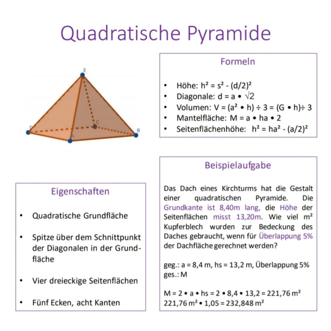 ●
●
Quadratische Pyramide
Formeln
Eigenschaften
Quadratische Grundfläche
Spitze über dem Schnittpunkt
der Diagonalen in der Grund-
fläche
Vi