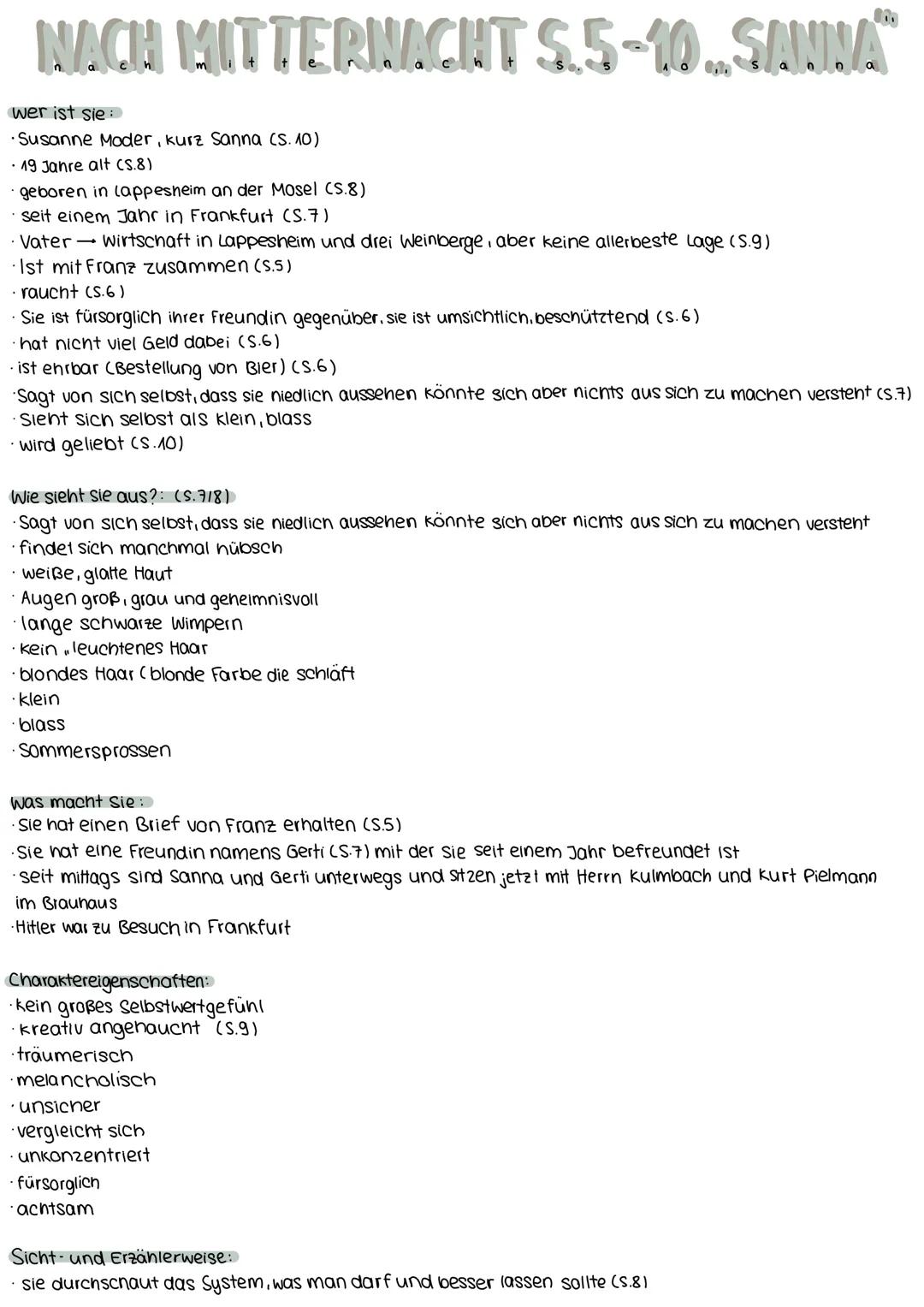 NACH MITTERNACHT S.5-10. SANNA
Wer ist sie:
Susanne Moder, kurz Sanna (s. 10)
19 Jahre alt (S.8)
· geboren in lappesheim an der Mosel (S.8)
