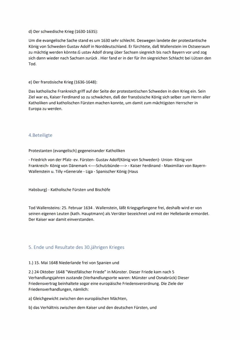 1. Gründe
Der 30-jährige Krieg
a) Religiöse Auseinandersetzungen zwischen Protestanten und Katholiken. (Katholischer Glaube
gegen ev. Glaube