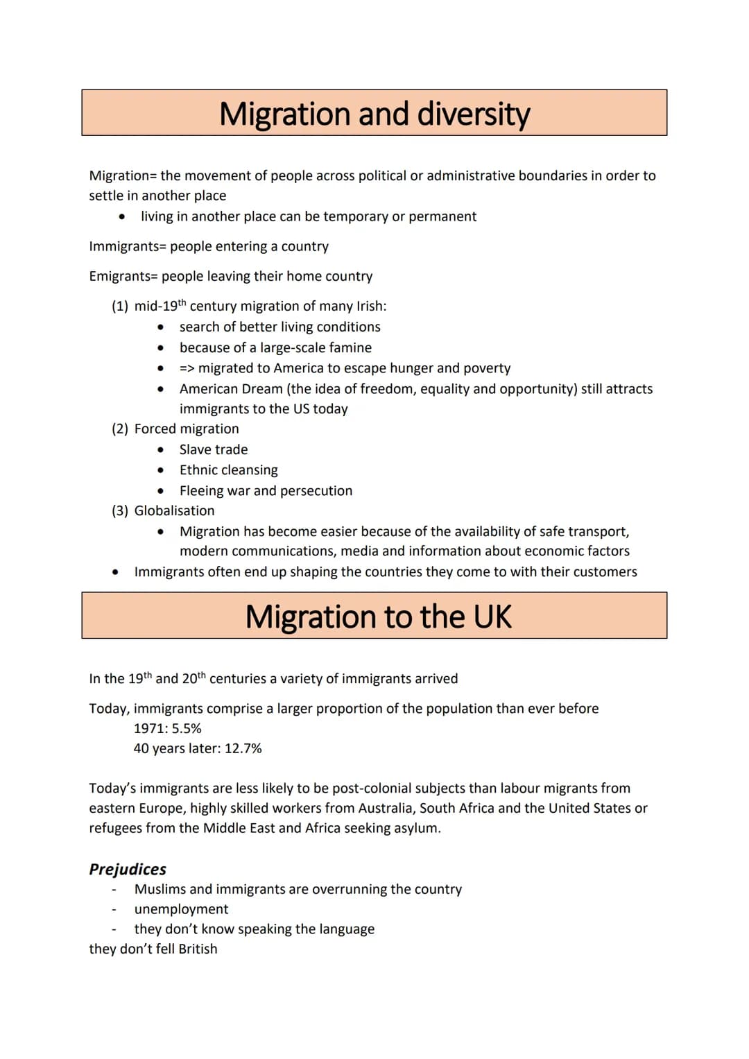 Migration and diversity
Migration the movement of people across political or administrative boundaries in order to
settle in another place
l