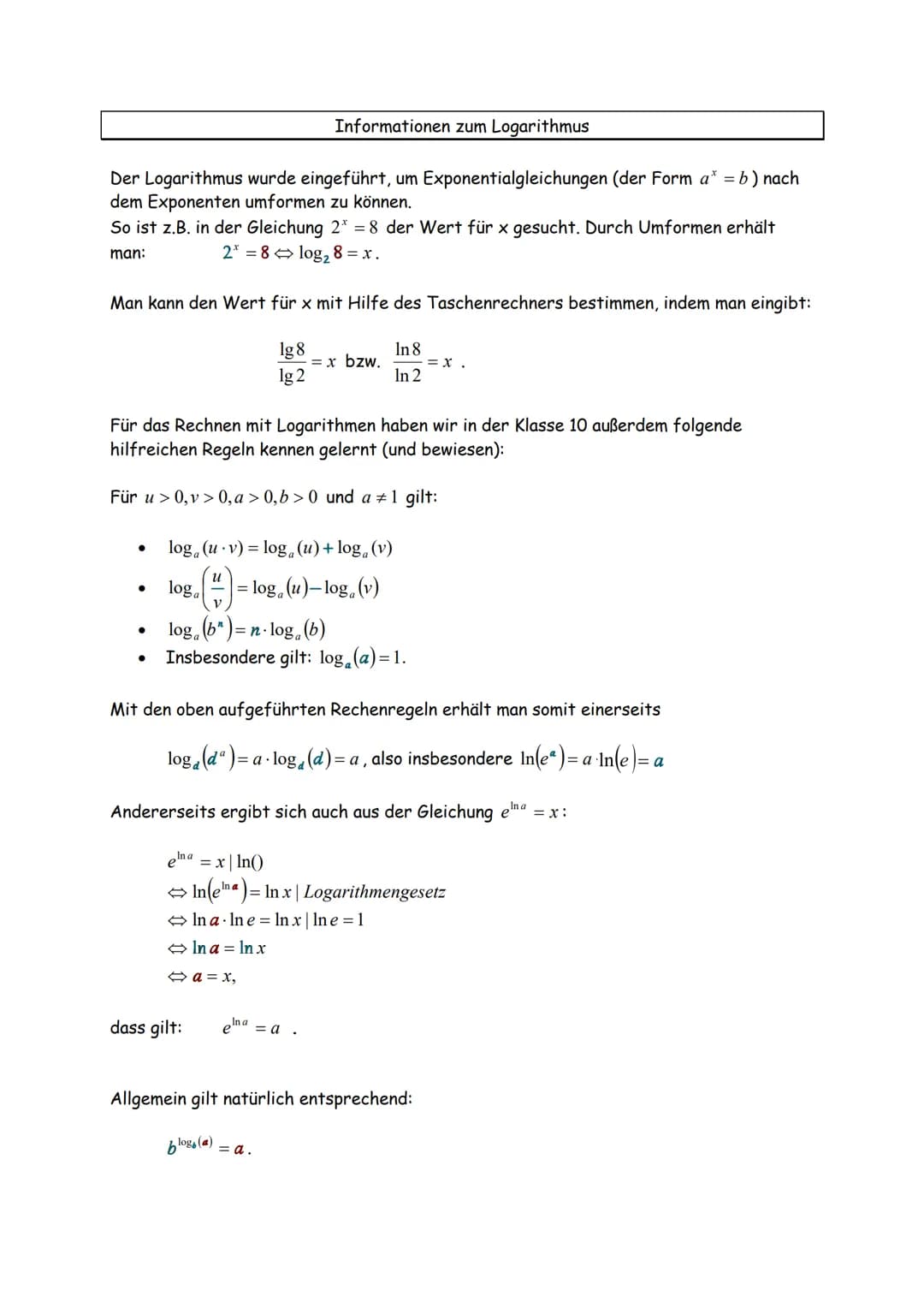 ALLGEMEIN
a = b =7 x = log₂ (6)
log₂ (2)=1
log₂ (8²) = x
aloga (x) = x
a= e
log(a)
/= 6 1036 (8) -x
NATÜRLICHER LOGARITMUS LN
ALLGEMEIN
loge