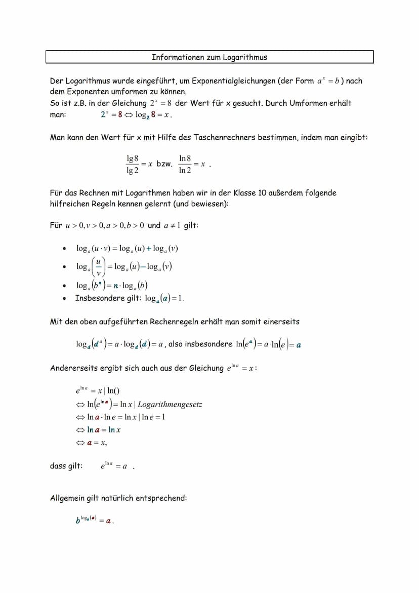 ALLGEMEIN
a = b =7 x = log₂ (6)
log₂ (2)=1
log₂ (8²) = x
aloga (x) = x
a= e
log(a)
/= 6 1036 (8) -x
NATÜRLICHER LOGARITMUS LN
ALLGEMEIN
loge