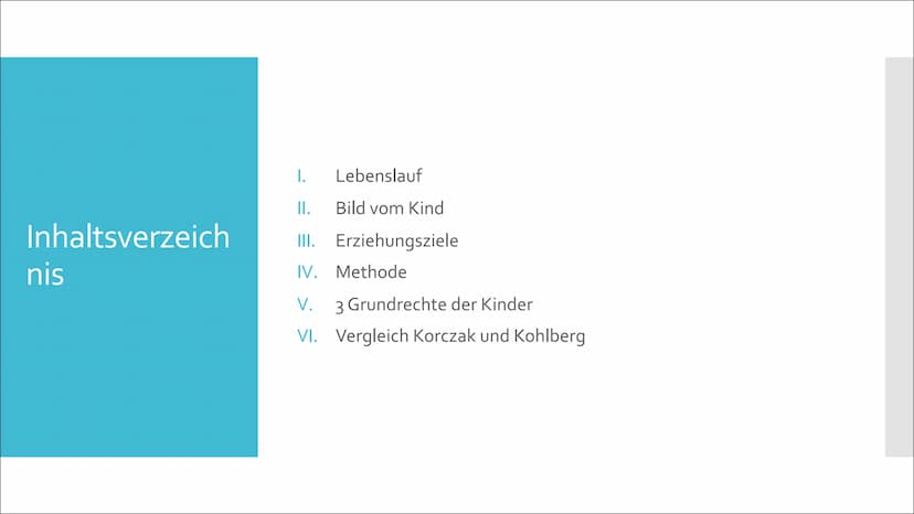 Janusz Korczak Inhaltsverzeich
nis
I.
Lebenslauf
II. Bild vom Kind
III.
IV. Methode
V.
VI.
Erziehungsziele
3 Grundrechte der Kinder
Vergleic
