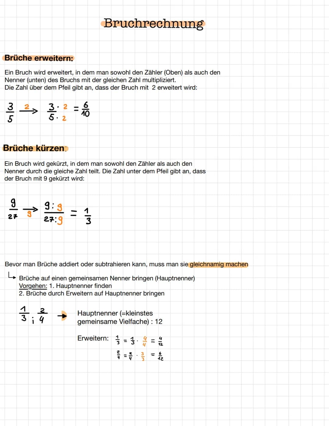 Brüche erweitern:
Ein Bruch wird erweitert, in dem man sowohl den Zähler (Oben) als auch den
Nenner (unten) des Bruchs mit der gleichen Zahl