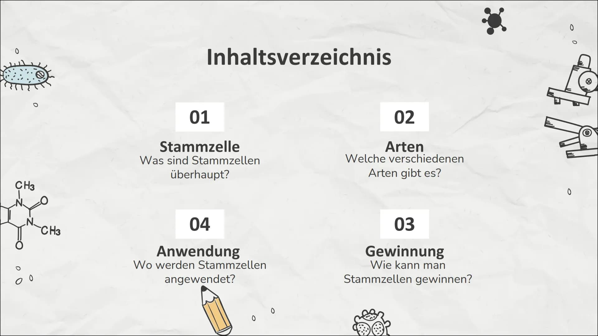 0
0
Stammzellen
Einführung in die Stammzellenforschung
0
M 0
CH3
NO
!
CH3
Inhaltsverzeichnis
01
Stammzelle
Was sind Stammzellen
überhaupt?
0