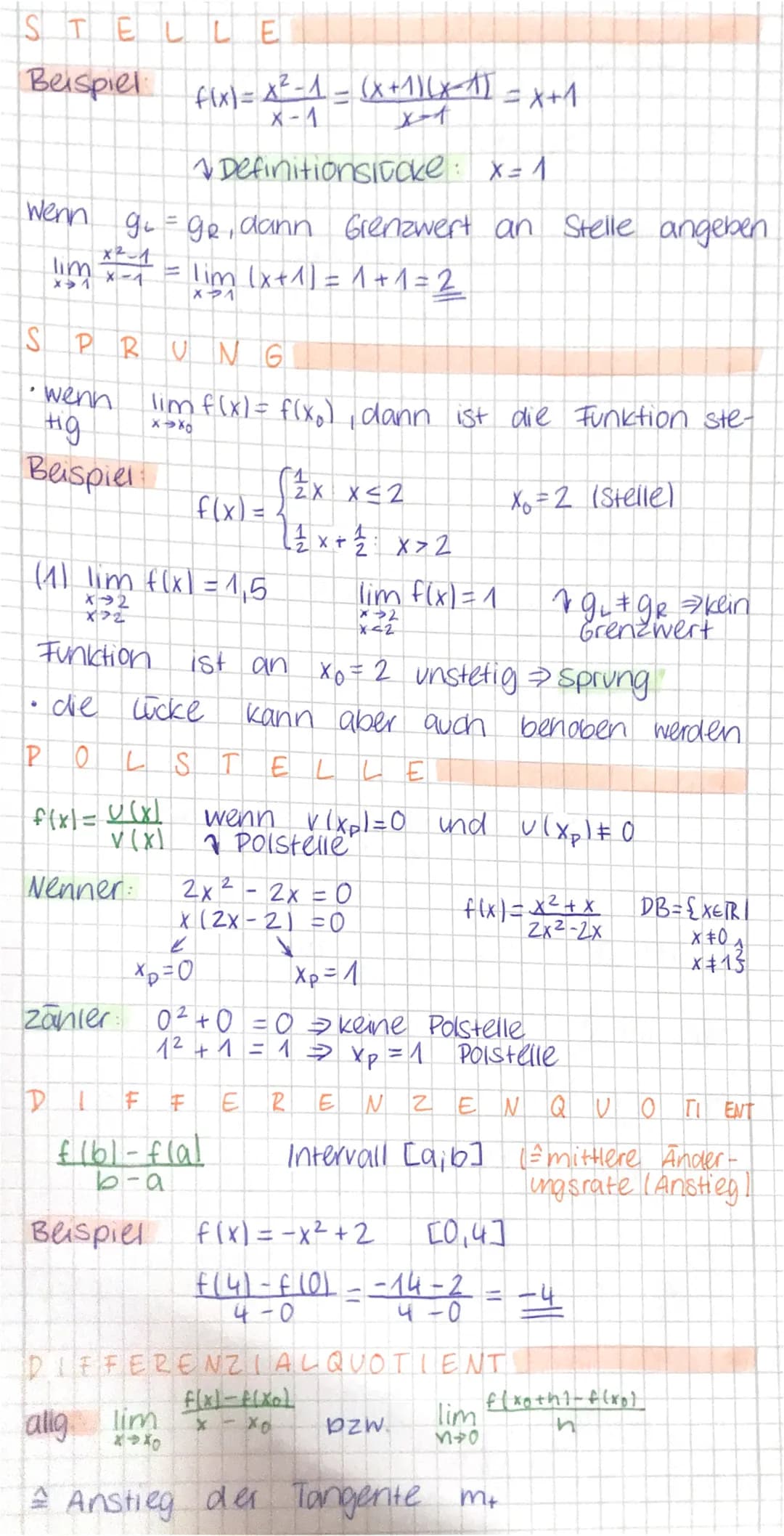 STELLE
Beispiel:
Wenn
lim
• wenn
нід
Beispiel:
die
P 10
g₁=g₂, dann Grenzwert an Stelle angeben.
lim (x + 1) = 1 + 1 = 2
X-1
SPRUNG
-
Nenner