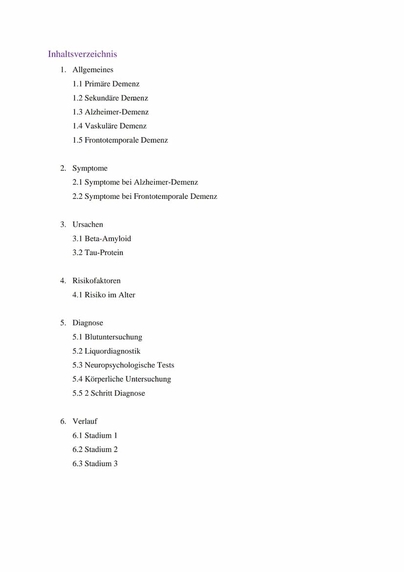 Demenz Inhaltsverzeichnis
1. Allgemeines
1.1 Primäre Demenz
1.2 Sekundäre Demenz
1.3 Alzheimer-Demenz
1.4 Vaskuläre Demenz
1.5 Frontotempora