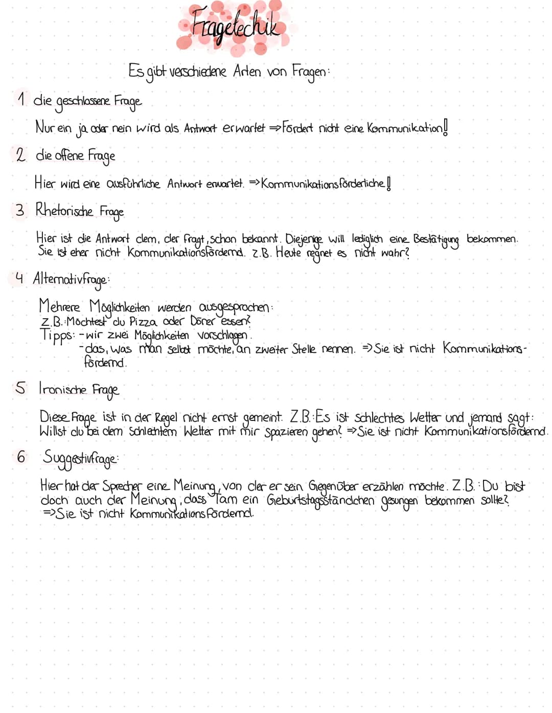 Fragetechik
Es gibt verschiedene Arten von Fragen:
1 die geschlossene Frage
Nur ein ja oder nein wird als Antwort erwartet ⇒Fördert nicht ei