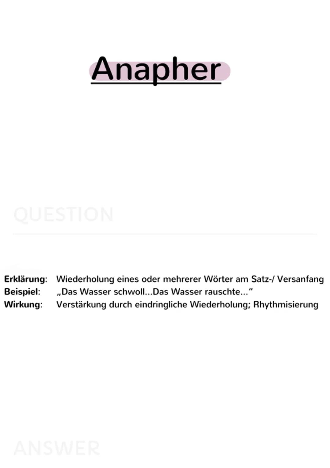 rhetorische
Mittel Akkumulation
Erklärung + Wirkung
QUESTION
Erklärung: Anhäufung; mehrere Unterbegriffe werden aufgezählt
Beispiel: ,,Nun r