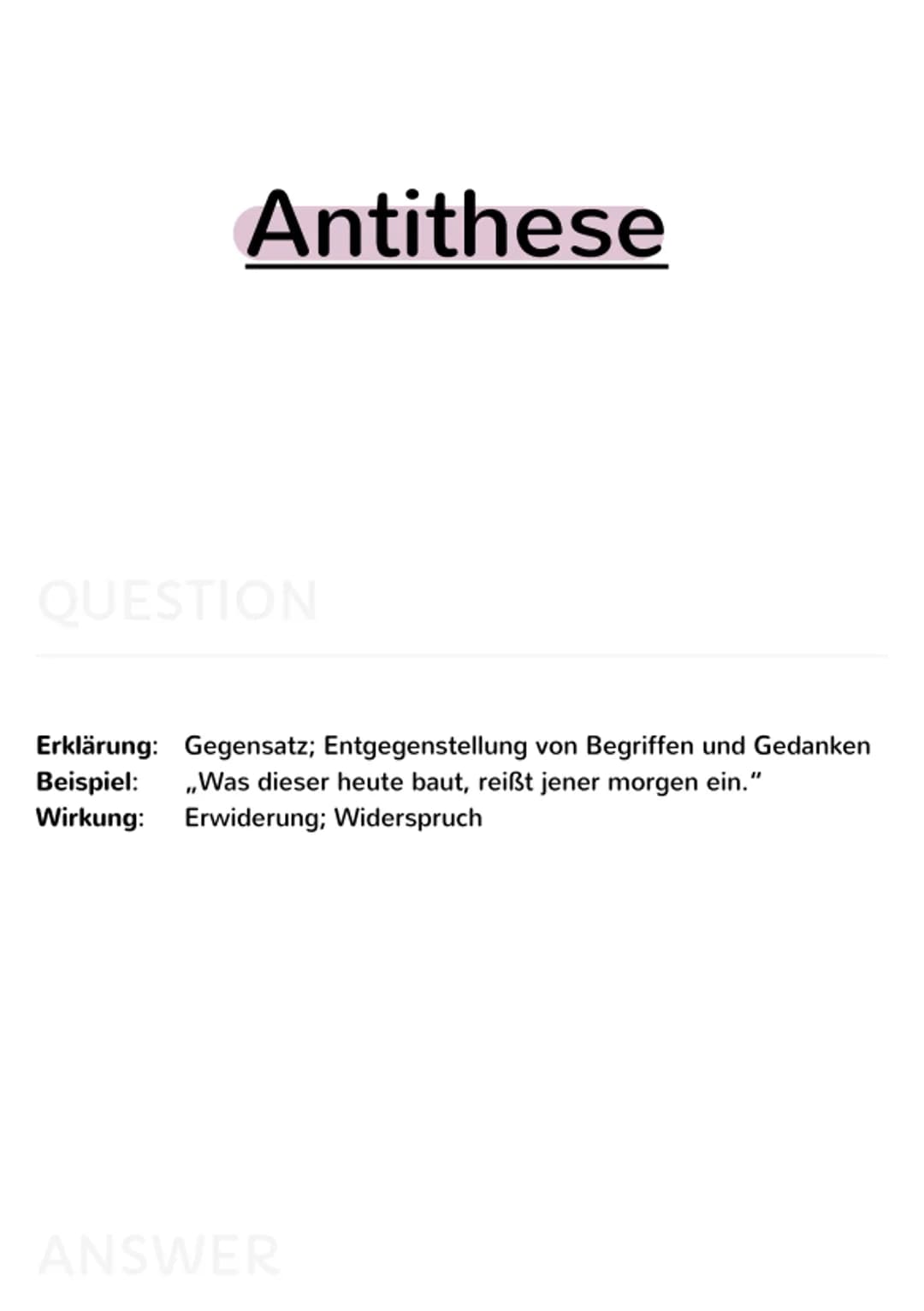 rhetorische
Mittel Akkumulation
Erklärung + Wirkung
QUESTION
Erklärung: Anhäufung; mehrere Unterbegriffe werden aufgezählt
Beispiel: ,,Nun r