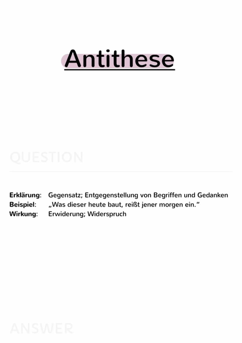 rhetorische
Mittel Akkumulation
Erklärung + Wirkung
QUESTION
Erklärung: Anhäufung; mehrere Unterbegriffe werden aufgezählt
Beispiel: ,,Nun r
