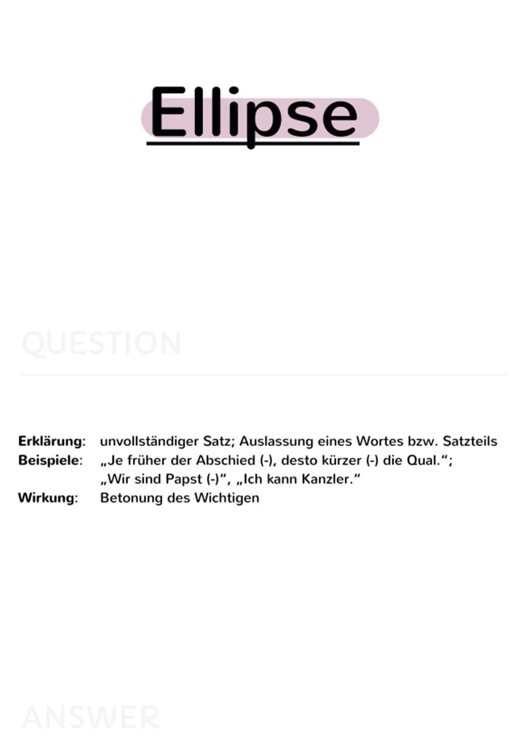 rhetorische
Mittel Akkumulation
Erklärung + Wirkung
QUESTION
Erklärung: Anhäufung; mehrere Unterbegriffe werden aufgezählt
Beispiel: ,,Nun r
