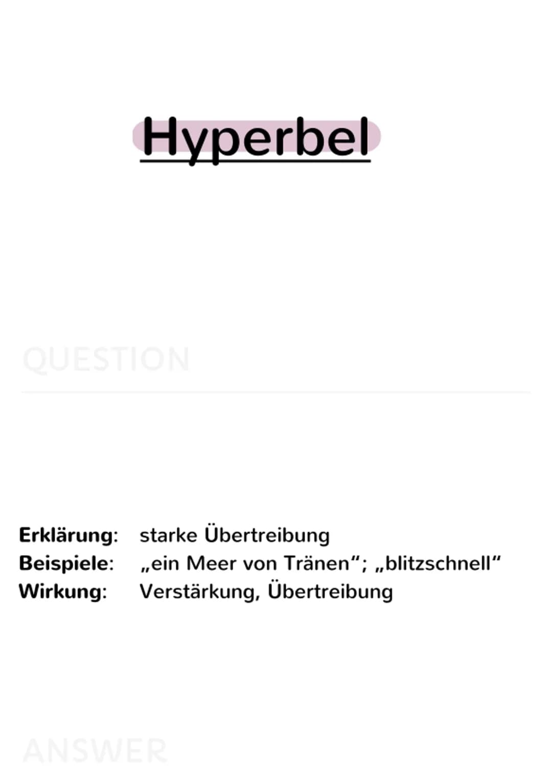 rhetorische
Mittel Akkumulation
Erklärung + Wirkung
QUESTION
Erklärung: Anhäufung; mehrere Unterbegriffe werden aufgezählt
Beispiel: ,,Nun r