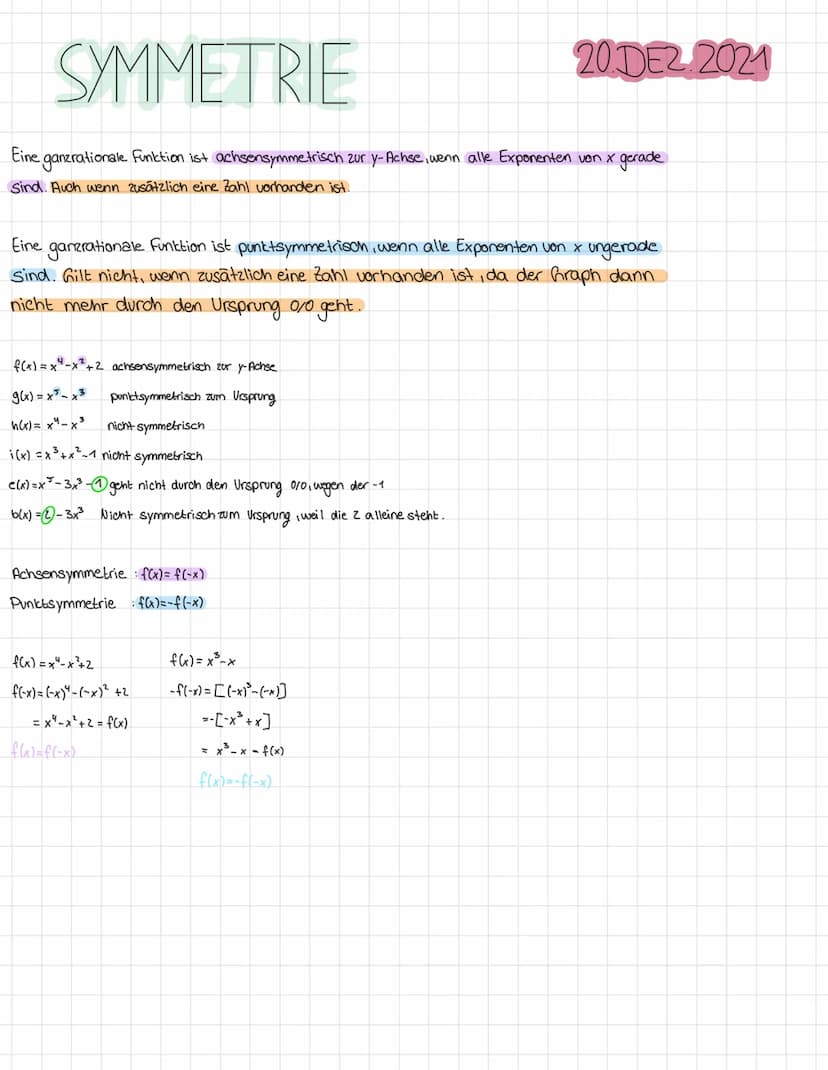 SYMMETRIE VON
GRAPHEN
Man unterscheidet zwei verschiedene Formen von Symmetrie
1. Punktsymmetrie
2. Achsensymmetrie
Beispiel:
4.)
2.)
Sinne 