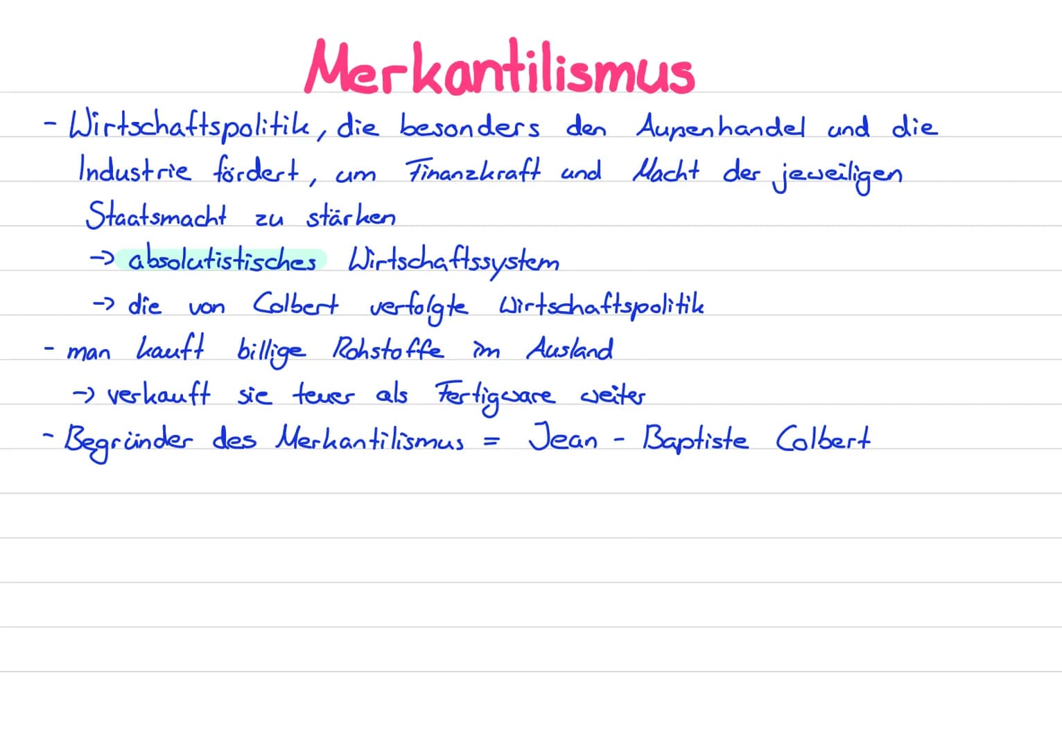 Merkantilismus
- Wirtschaftspolitik, die besonders den Aupenhandel und die
Industrie fördert, um Finanzkraft und Macht der jeweiligen
Staats