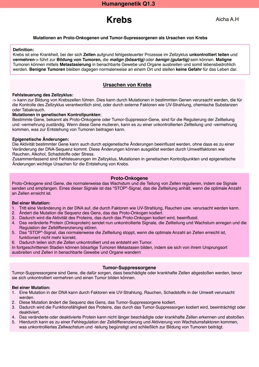 Humangenetik Q1.3
Krebs
Mutationen an Proto-Onkogenen und Tumor-Supressorgenen als Ursachen von Krebs
Aicha A.H
Definition:
Krebs ist eine K