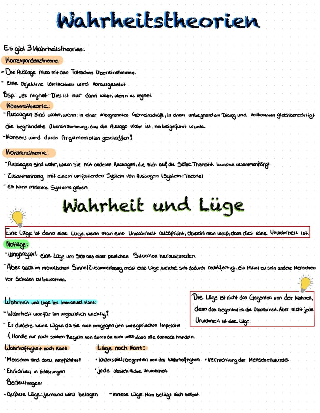 Wahrheitstheorien
Es gibt 3 Wahrheitstheorien:
Korrespondenztheorie:
- Die Aussage muss mit den Tatsachen übereinstimmen.
- eine objektive W