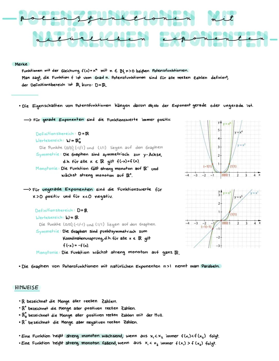 potenzzanationen
Shearlichen exponenten-
Merke
Funktionen mit der Gleichung f(x)=x" mit n € N₁ n>0 heißen Potenzfunktionen.
Man sagt, die Fu