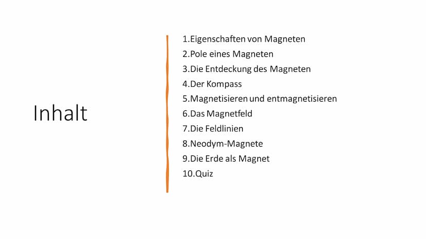 C
tuduntunkanto200
240
S
260
MS
SE
280
W
3
300
NW
320
Z
Magnetismus. Inhalt
1. Eigenschaften von Magneten
2.Pole eines Magneten
3.Die Entdec