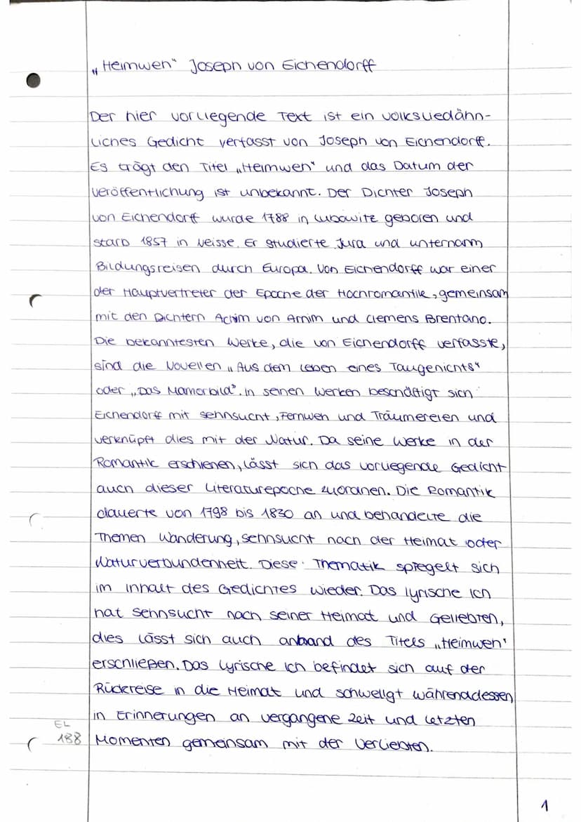 In dem Gedicht von Eichendorff geht es um Heimwen
und dem gedanklichen Weg nach Hause, sennt sich
Arbeitsblatt: 1 nach seiner Heimat, Lieben