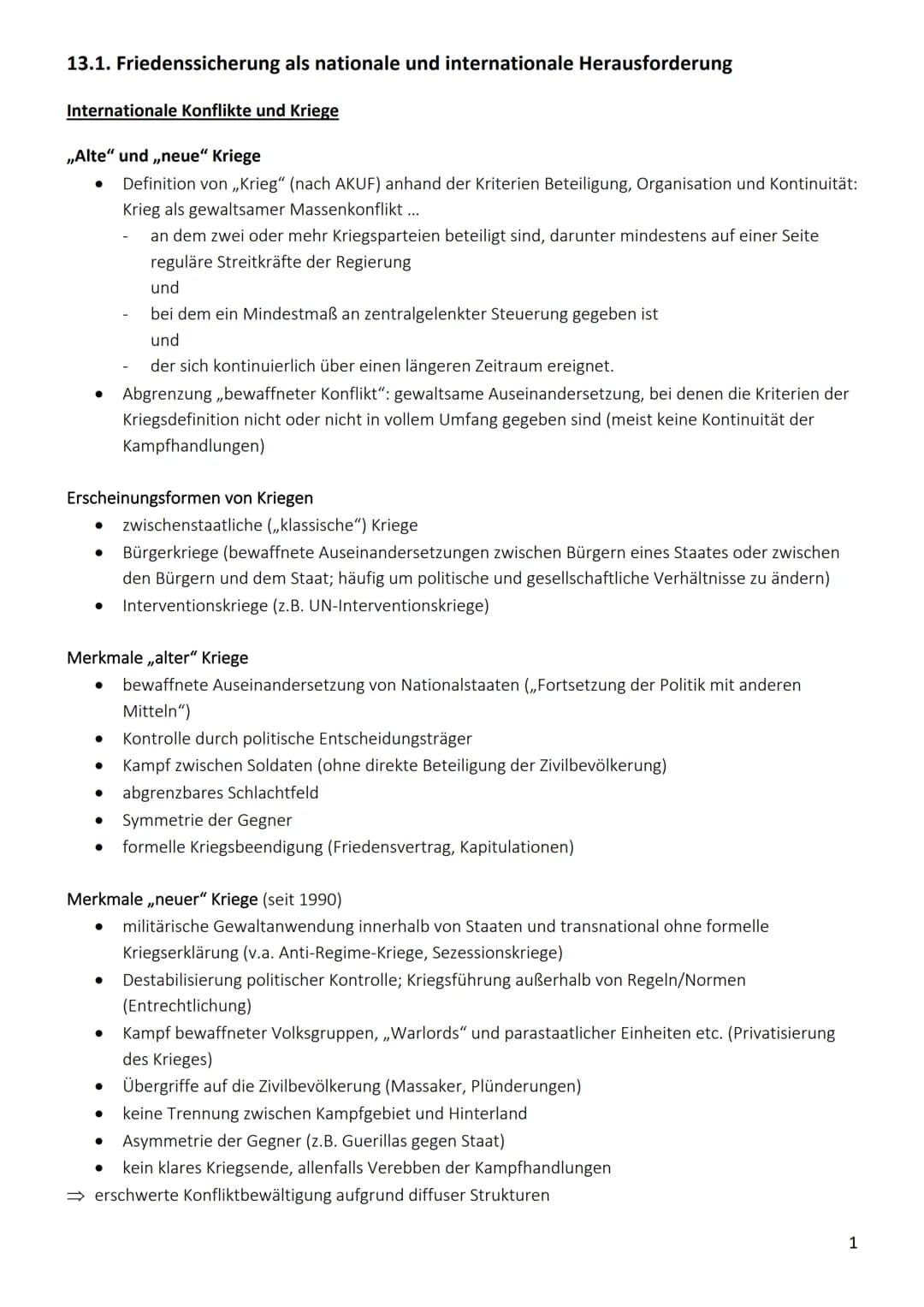 13.1. Friedenssicherung als nationale und internationale Herausforderung
Internationale Konflikte und Kriege
,,Alte" und ,,neue" Kriege
Defi