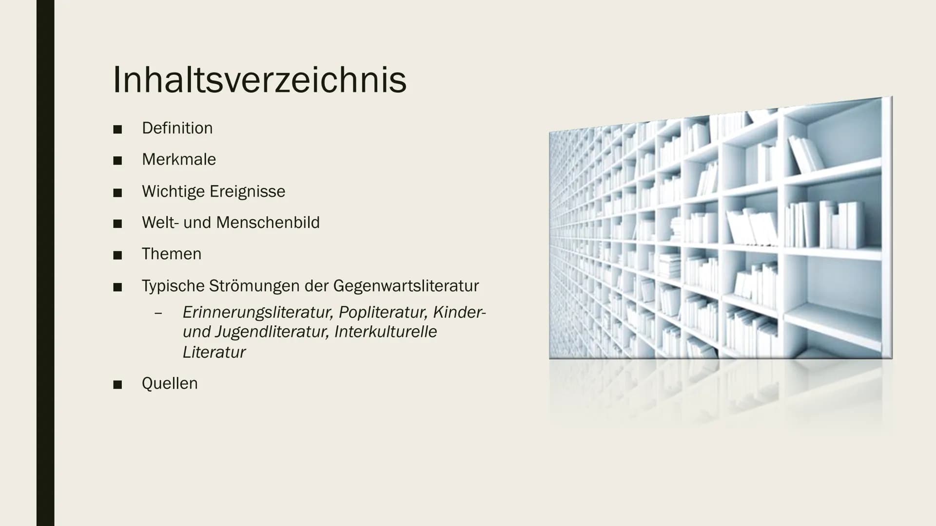 GEGENWARTSLITERATUR
von Neele Malzer Inhaltsverzeichnis
■
■
Definition
Merkmale
Wichtige Ereignisse
Welt- und Menschenbild
Themen
Typische S