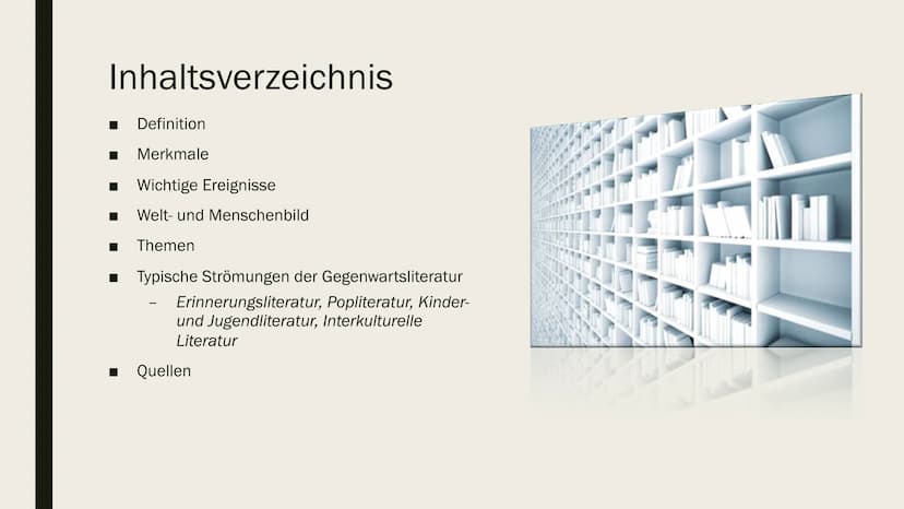 GEGENWARTSLITERATUR
von Neele Malzer Inhaltsverzeichnis
■
■
Definition
Merkmale
Wichtige Ereignisse
Welt- und Menschenbild
Themen
Typische S