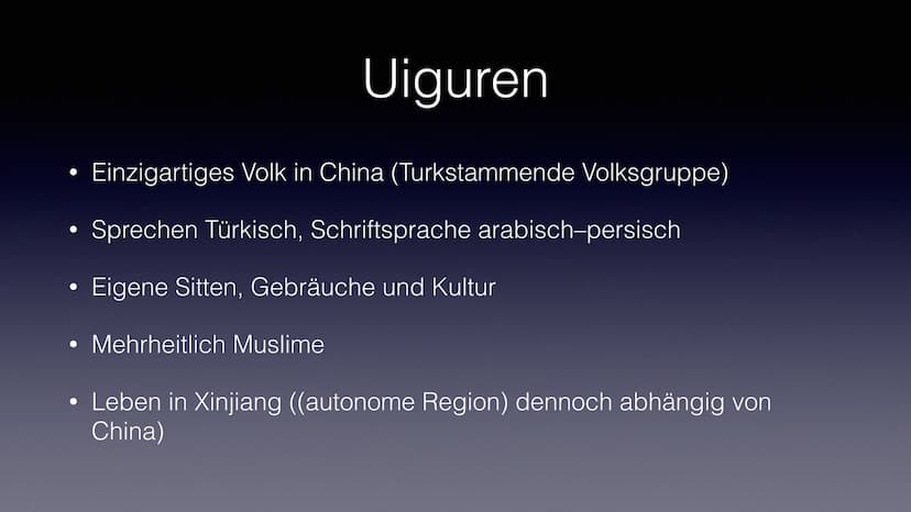 Uiguren
Muslimische Minderheit in China
Wissam Azdoud 15.01.2020
© France 24 ●
Einzigartiges Volk in China (Turkstammende Volksgruppe)
●
• S