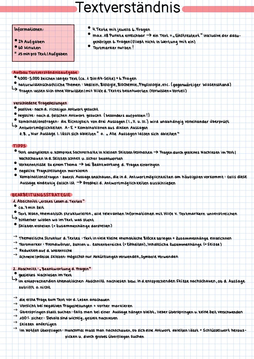 Informationen:
•24 Aufgaben
60 Minuten
= 15 min pro Text/Aufgaben
Textverständnis
Aufbau Textverständnisaufgabe
4.000-5.000 Zeichen langer T