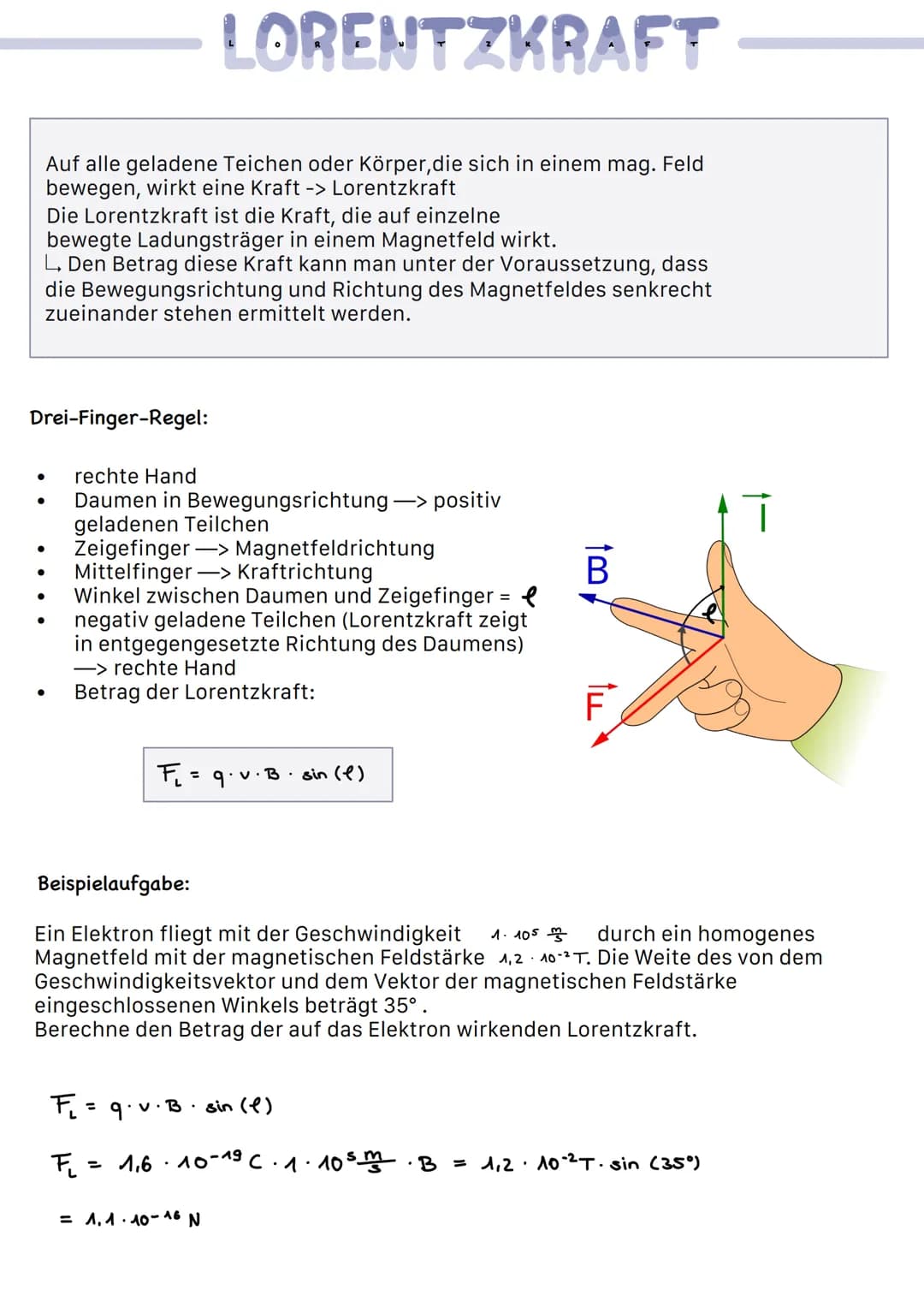 Auf alle geladene Teichen oder Körper, die sich in einem mag. Feld
bewegen, wirkt eine Kraft -> Lorentzkraft
LORENTZKRAFT
Die Lorentzkraft i